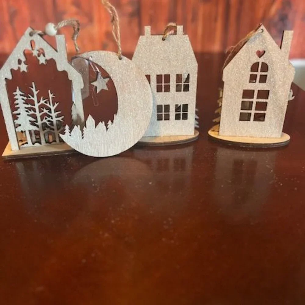 Set Of 4 Wooden Christmas House christmas Ornaments With Reindeer , Snowman,moon